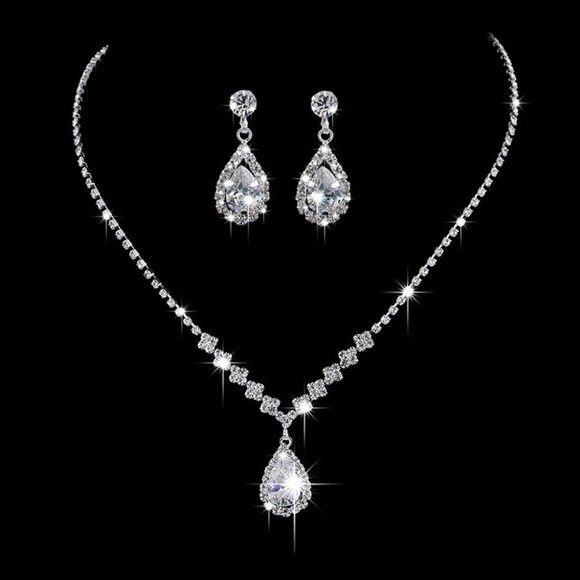 Silver Bridal Jewelry Set for Women Crystal Necklace Earrings Choker Set - Picture 5 of 7